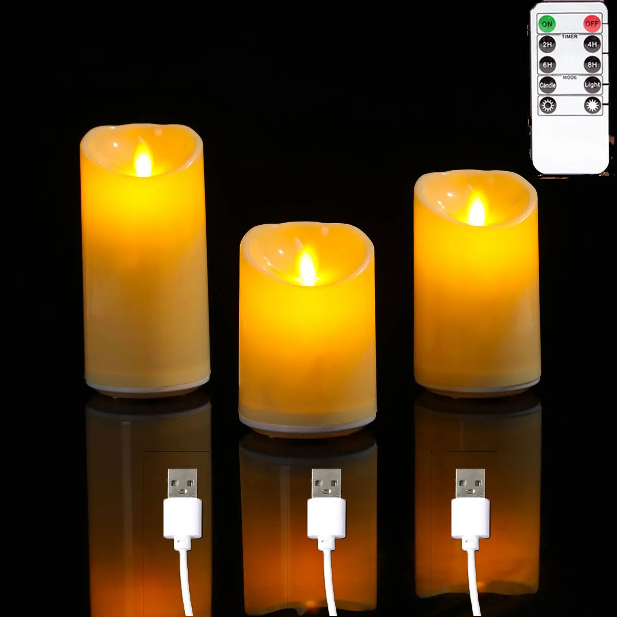 Bougies Décoratives LED à Mèche Mobile — Rechargeables USB, Télécommande, 10/12/15 cm