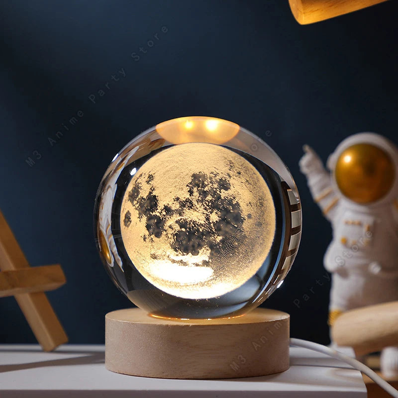 Lampe Boule de Cristal 3D — Gravure Laser Galaxie, Lune, Saturne | Veilleuse USB