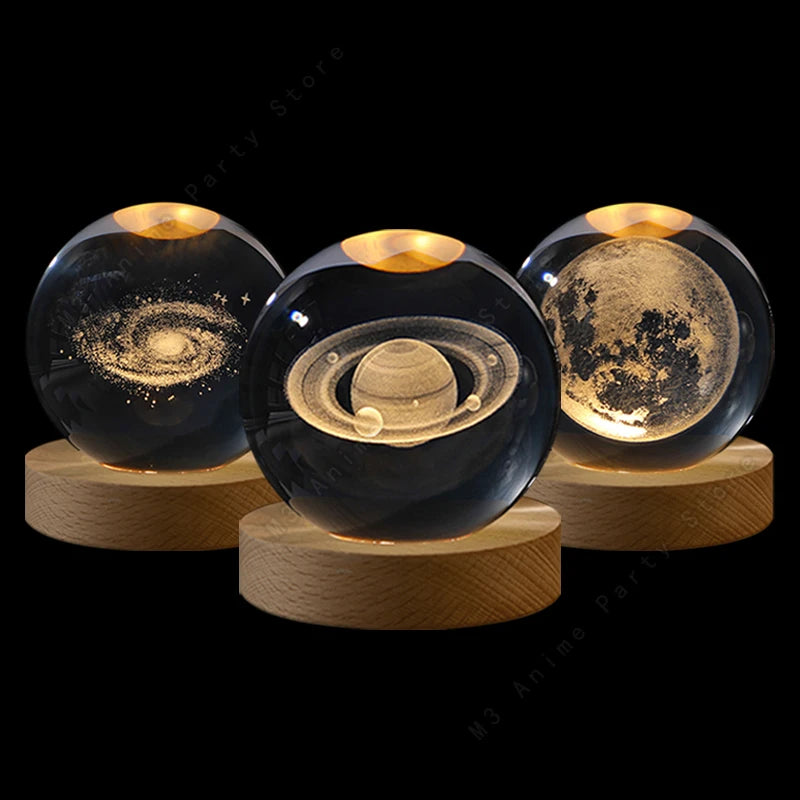 Lampe Boule de Cristal 3D — Gravure Laser Galaxie, Lune, Saturne | Veilleuse USB