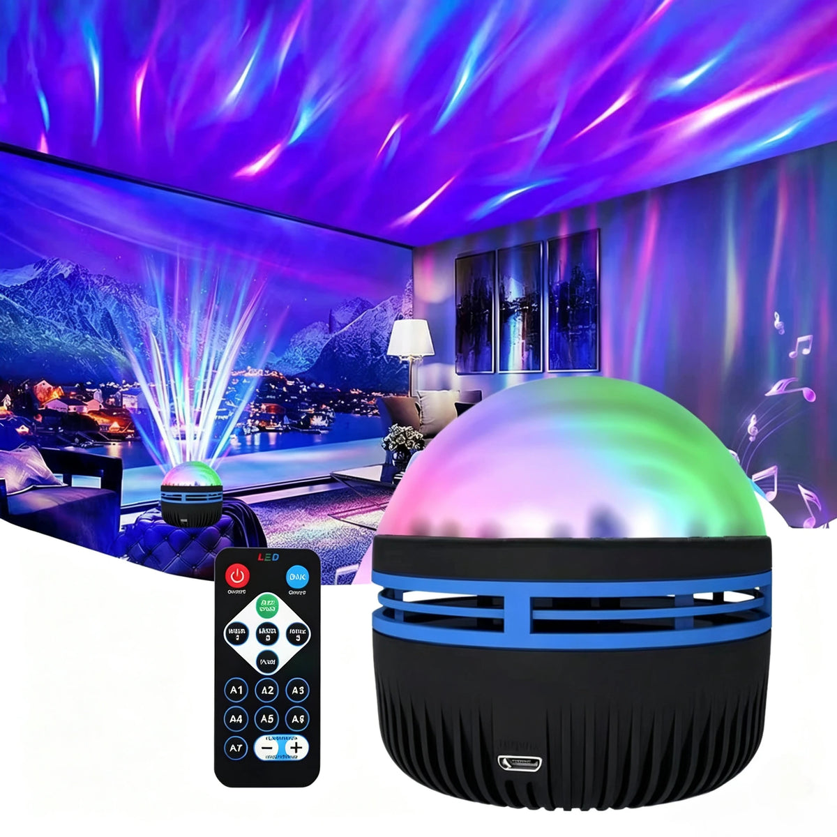 Projecteur Aurora LED RGB — Effets Cristal, Vagues & Vortex, Télécommande USB