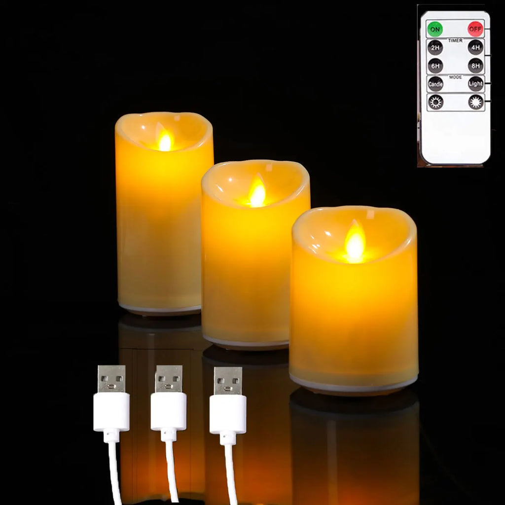 Bougies Décoratives LED à Mèche Mobile — Rechargeables USB, Télécommande, 10/12/15 cm