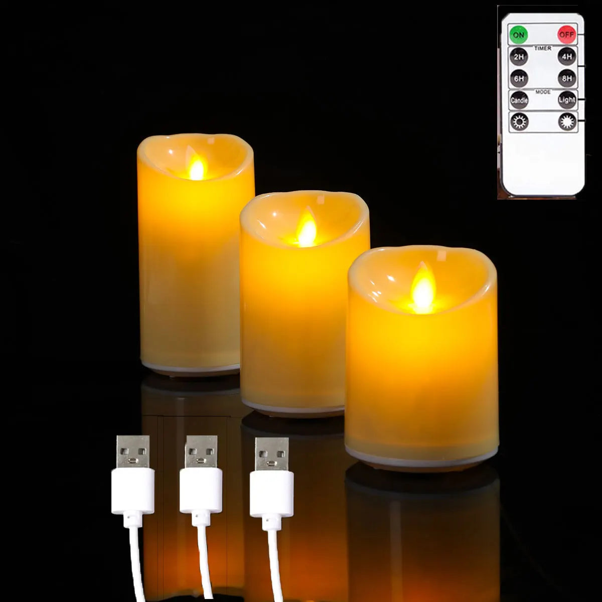 Bougies Décoratives LED à Mèche Mobile — Rechargeables USB, Télécommande, 10/12/15 cm