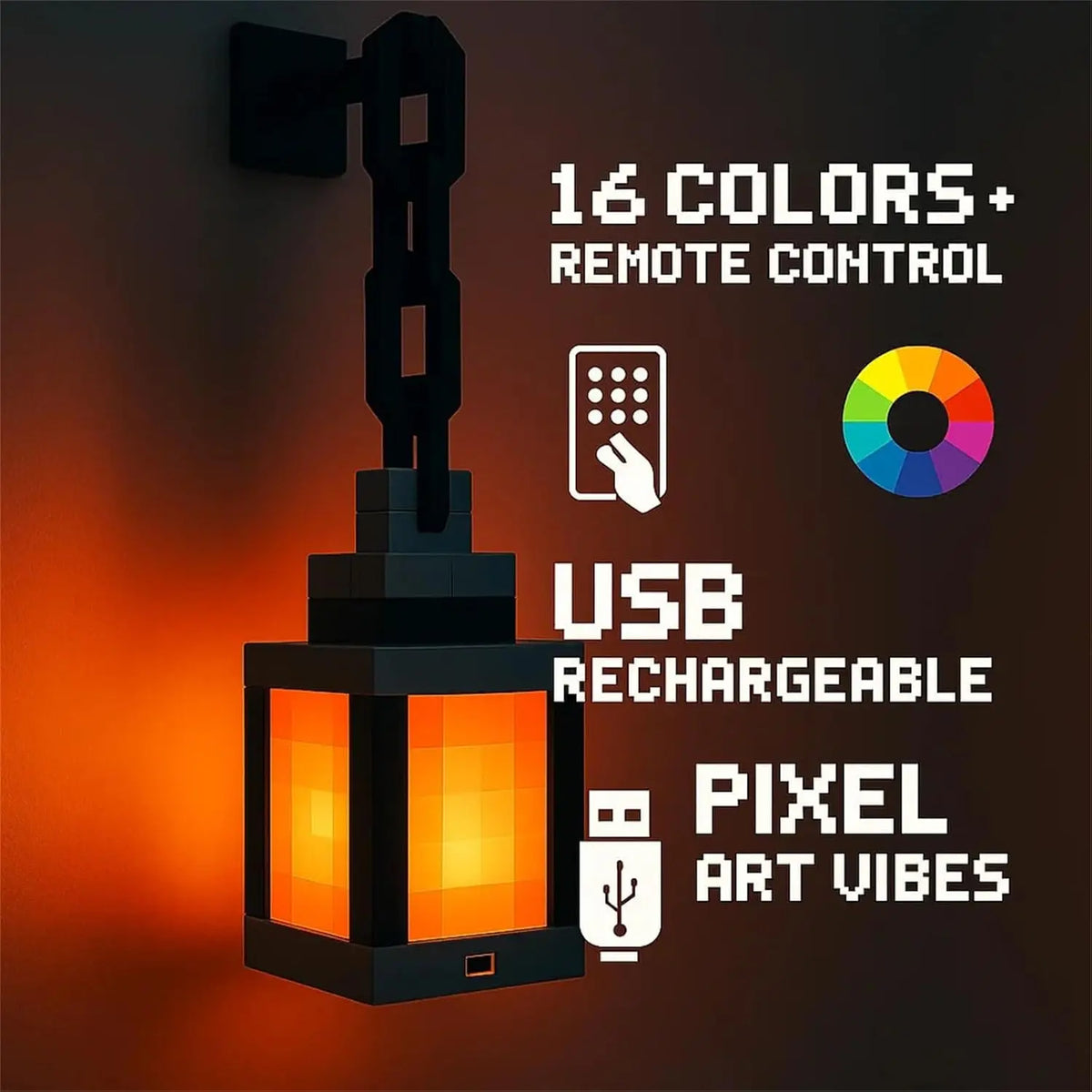 Lanterne Pixel Style LED — 16 Couleurs, Rechargeable, Décoration Atmosphère