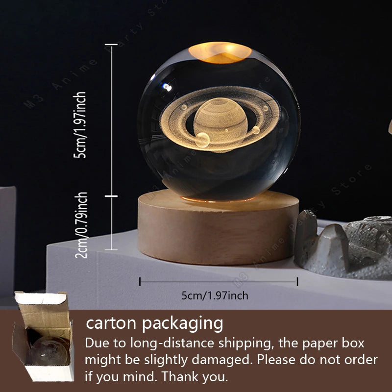 Lampe Boule de Cristal 3D — Gravure Laser Galaxie, Lune, Saturne | Veilleuse USB