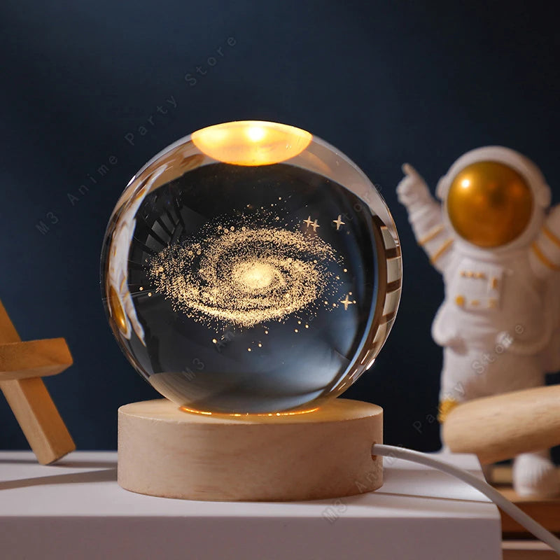 Lampe Boule de Cristal 3D — Gravure Laser Galaxie, Lune, Saturne | Veilleuse USB