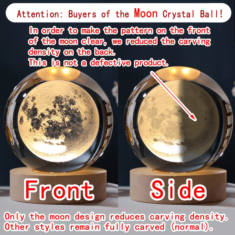Lampe Boule de Cristal 3D — Gravure Laser Galaxie, Lune, Saturne | Veilleuse USB