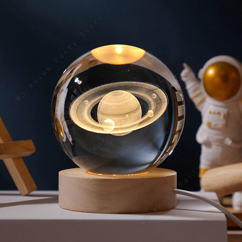 Lampe Boule de Cristal 3D — Gravure Laser Galaxie, Lune, Saturne | Veilleuse USB